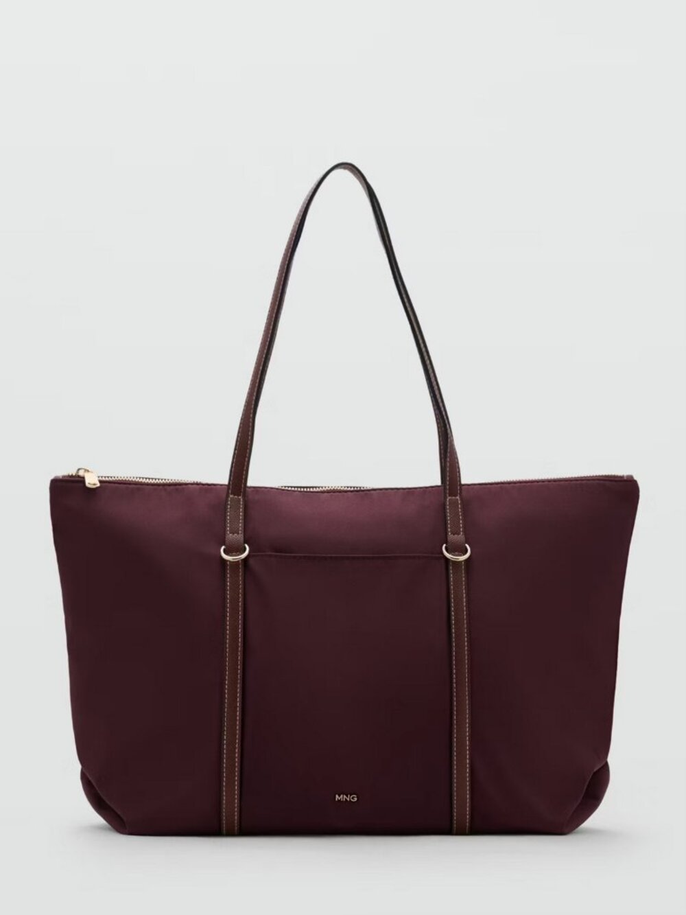 Mango Large Shopper Bag Tote With Double Straps Handles & Zipper In Burgundy
